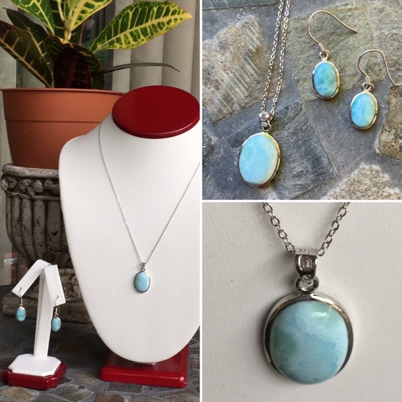 Larimar Sterling Silver Chain/Pendant ER Set - Picture 14 of 15